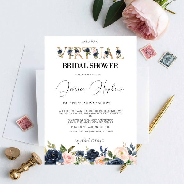 printable navy blush blossom floral virtual bridal shower