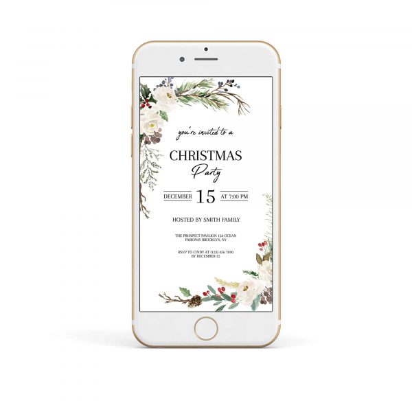 Electronic Holly Berries and Blossom Floral Christmas Holiday Party Invitation