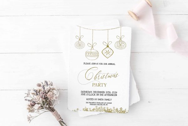 Gold Glitter Christmas Ornaments Party Invitation scaled