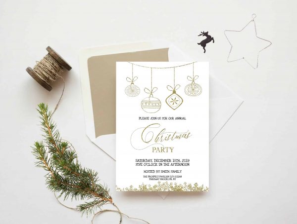 Gold Glitter Christmas Ornaments Party Printable Invitation scaled