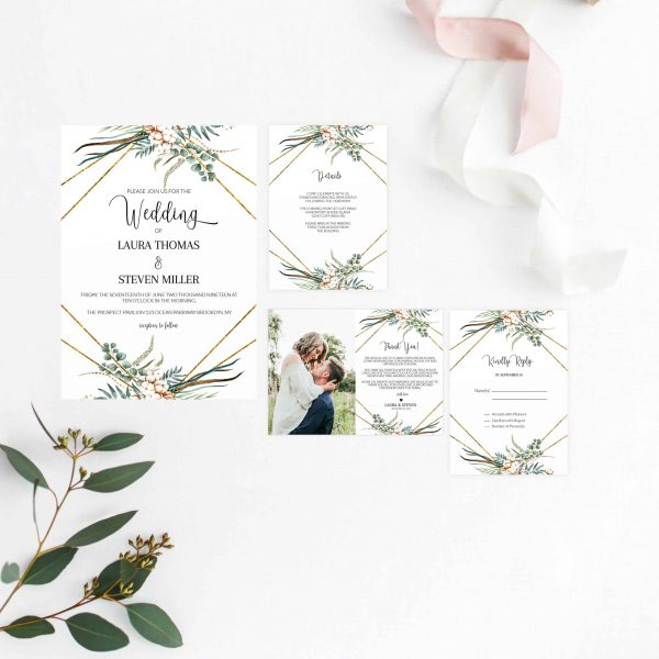 Greenery Eucalyptus Leaves Frame Wedding Invitation Suite Templates scaled