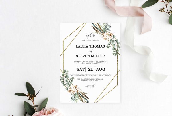 Greenery Eucalyptus Leaves Geometric Glitter Frame Wedding Invitation