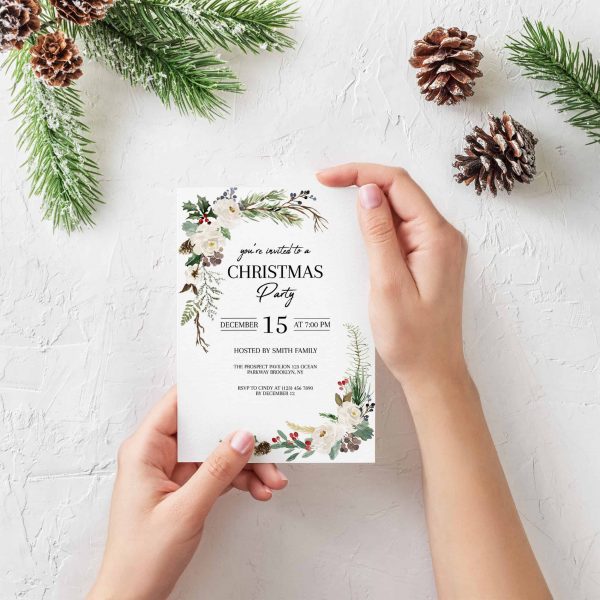 Holly Berries and Blossom Floral Christmas Holiday Party Printable Invitation Template