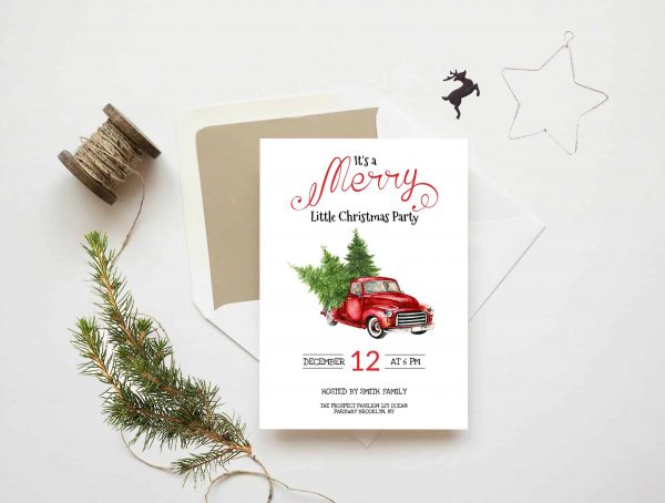 Pine Tree Red Truck Christmas Party Invitation scaled