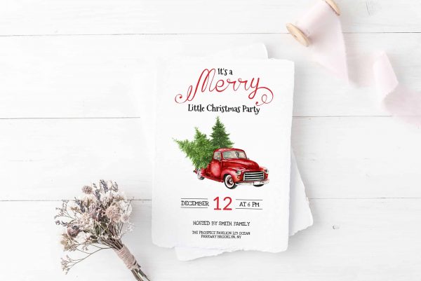 Pine Tree Red Truck Christmas Party Printable Invitation scaled