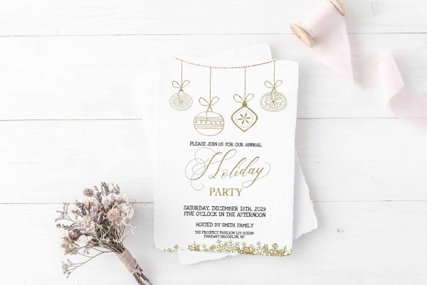 Printable Gold Glitter Christmas Ornaments Party Invitation scaled