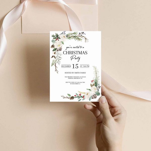 Printable Holly Berries and Blossom Floral Christmas Holiday Party Invitation