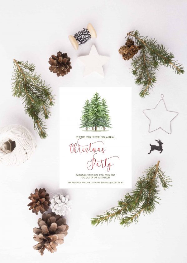 printable pine tree christmas party invitation template scaled