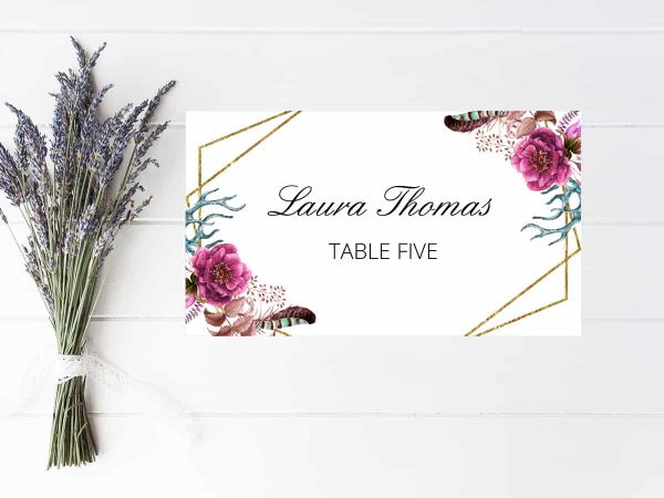 burgundy floral blossom gold geometric glitter place card printable template