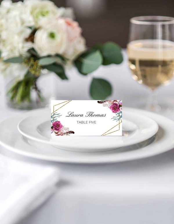 Blossom Floral Gold Geometric Frame Place Cards