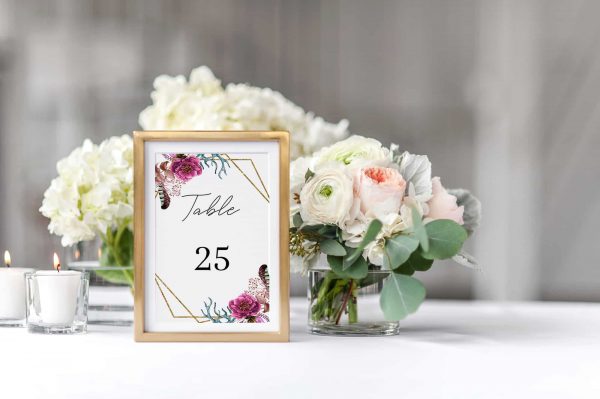 burgundy floral blossom gold geometric glitter table number card printable template