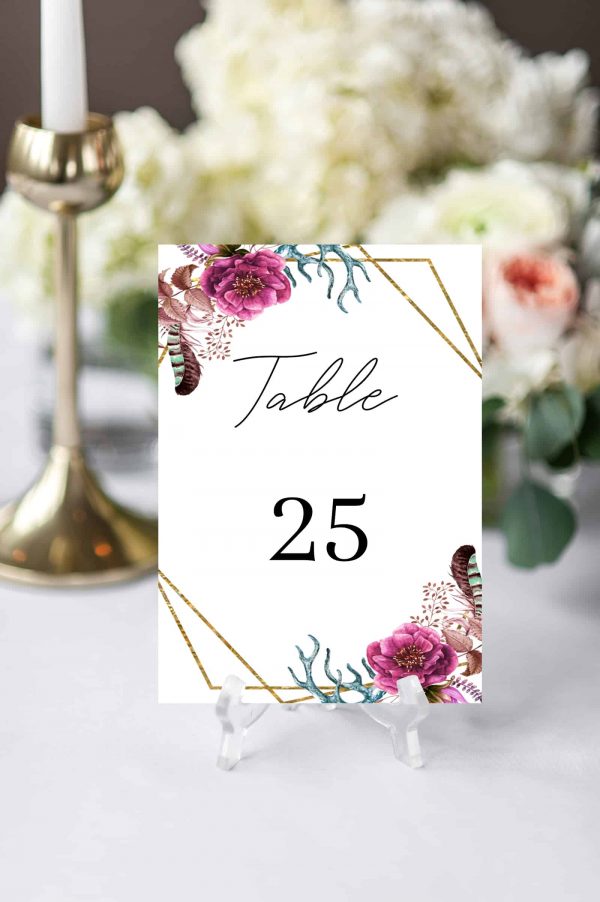 burgundy floral blossom gold geometric glitter table number card template