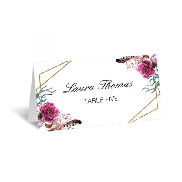 printable burgundy floral blossom gold geometric glitter place card template