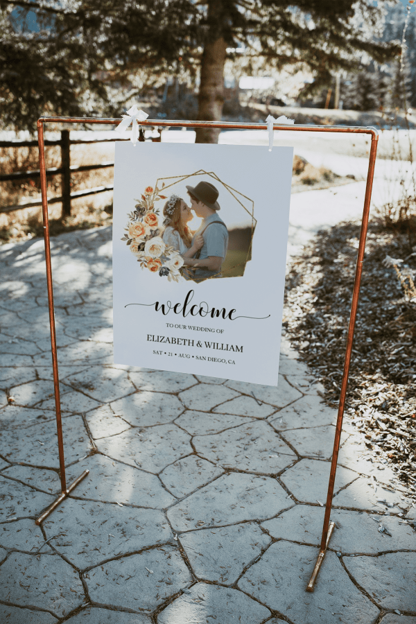 Autumn Orange Gold Floral Photo Wedding Welcome Sign