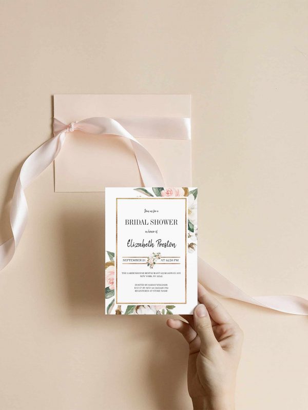 Blush White Magnolia Blossom Floral Bridal Shower Invitation scaled