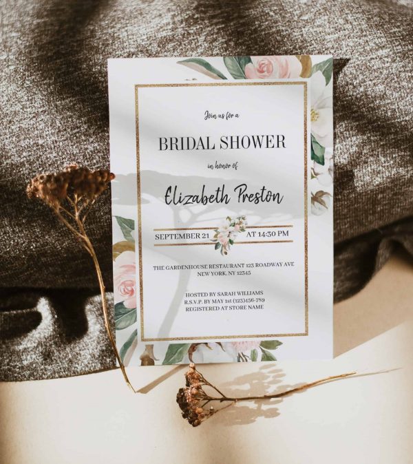 Blush White Magnolia Floral Bridal Shower Invitation