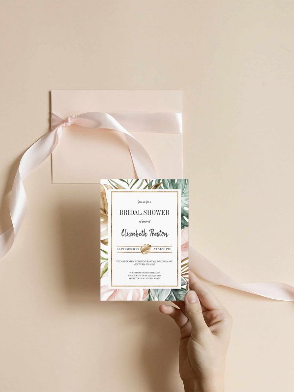 Summer Watercolor Tropical Leaves Bridal Shower Invitation scaled