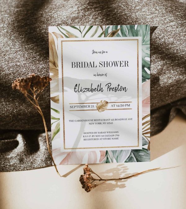 Watercolor Tropical Leaves Bridal Shower Invitation