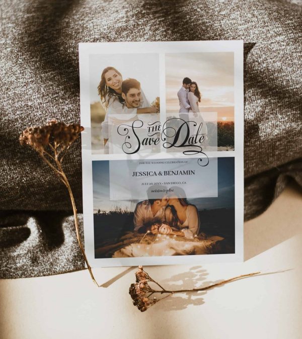 Elegant Script Faux Vellum Effect 3 Photo Save The Date Card