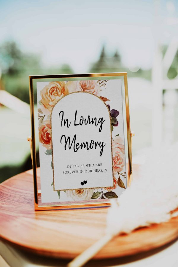 Autumn Terracotta Orange Floral Gold Glitter Arch Frame In Loving Memory Sign scaled