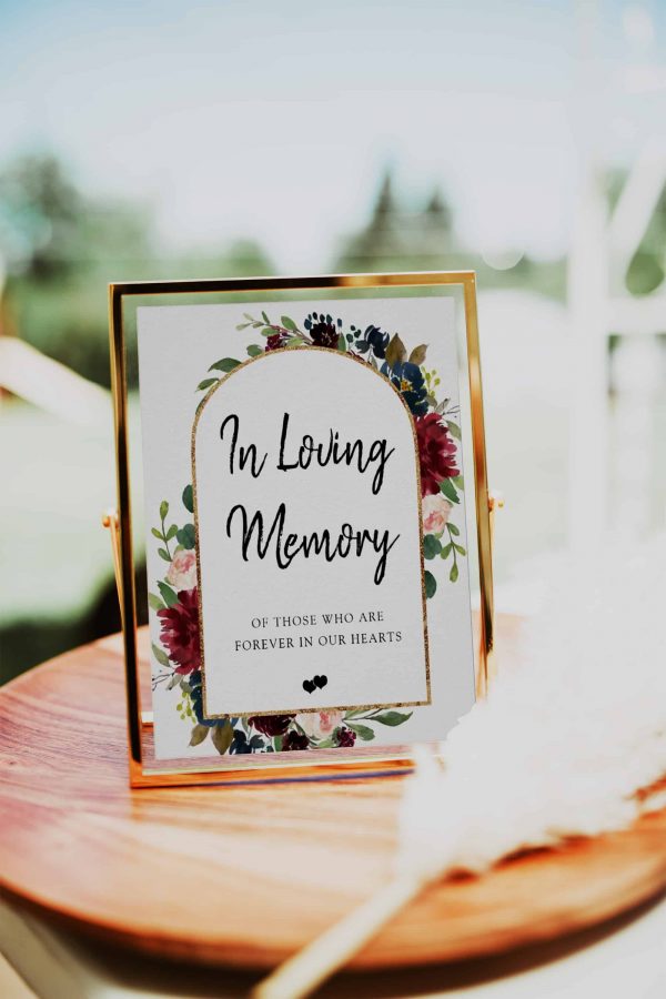 Burgundy Marsala Floral Leaves Gold Glitter Arch Frame In Loving Memory Sign scaled