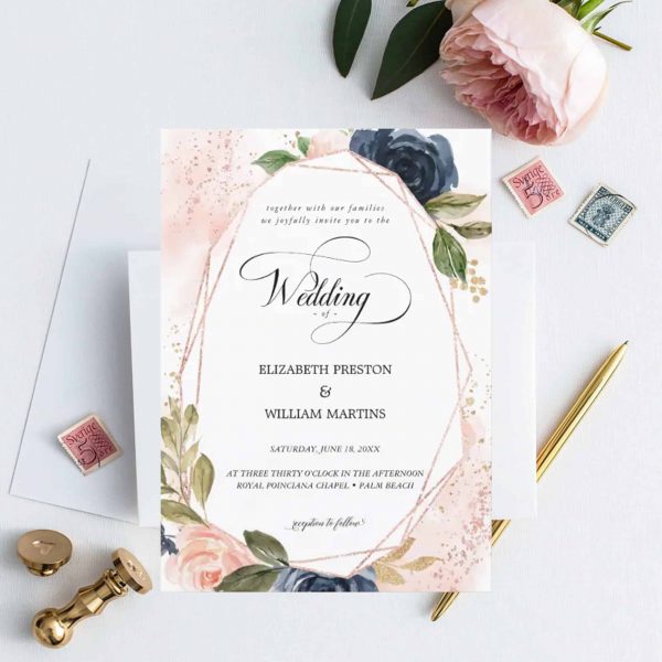 Navy-Blue-Blush-Pink-Floral-Calligraphy-Script-Wedding-Invitation