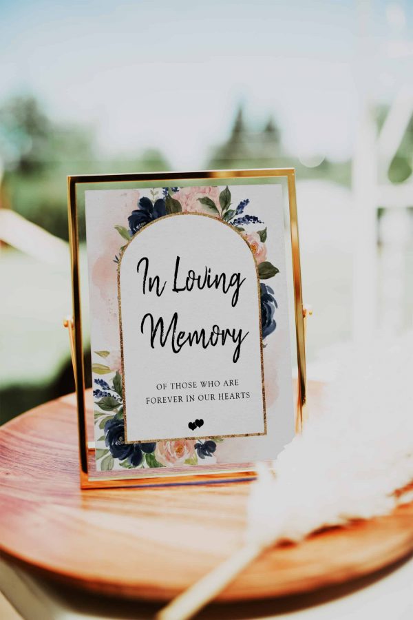 Navy Blue Blush Pink Floral Gold Glitter Arch Frame In Loving Memory Sign scaled