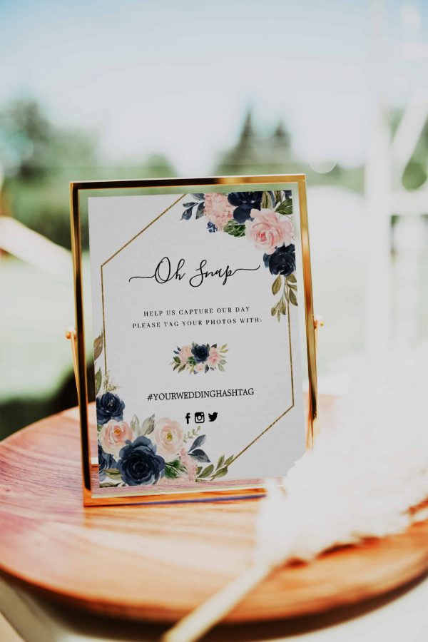 Navy Blue Blush Pink Floral Leaves Gold Glitter Frame Hashtag Oh Snap Wedding Sign scaled