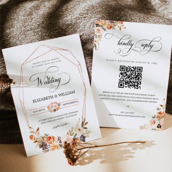 Autumn Terracotta Floral Frame QR Code Wedding Invitation