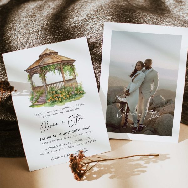 Watercolor Gazebo with Floral Photo Wedding Invitation Printable Template