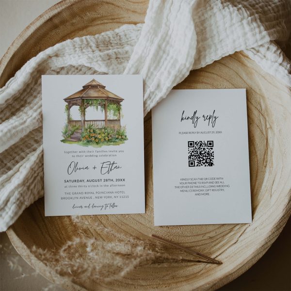 Watercolor Gazebo with Floral QR Code Wedding Invitation Template