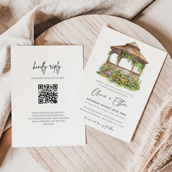 Watercolor Gazebo with Floral Wedding Invitation