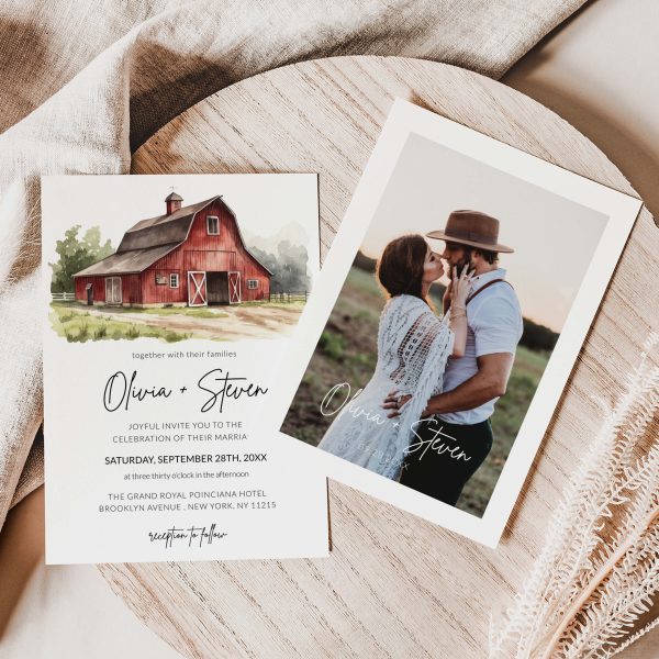 Watercolor Rustic Red Farm Barn Photo Wedding Invitation Template