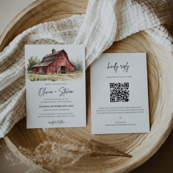 Watercolor Rustic Red Farm Barn QR Code Wedding Invitation Template