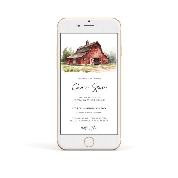 Watercolor Rustic Red Farm Barn Wedding Electronic Invitation Template