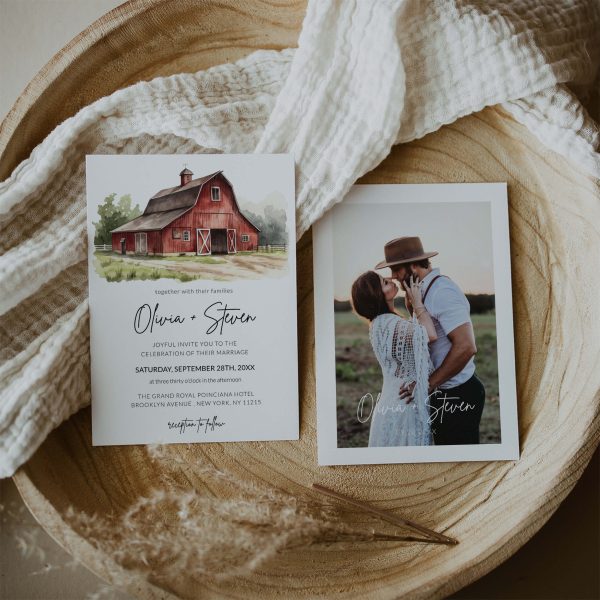 Watercolor Rustic Red Farm Barn Wedding Invitation Template