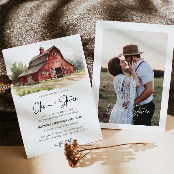 Watercolor Rustic Red Farm Barn Wedding Invitation Template with Photo