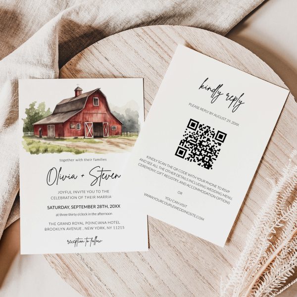 Watercolor Rustic Red Farm Barn Wedding QR Code Invitation Template