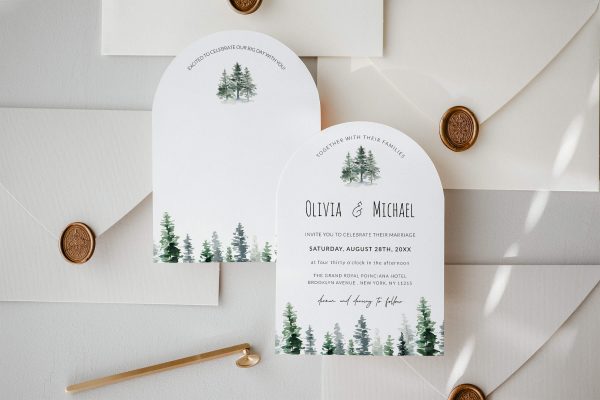 Elegant Rustic Pine Tree Arch Wedding Invitation scaled