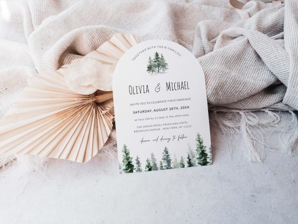 Elegant Rustic Pine Tree Arch Wedding Invitation Template scaled