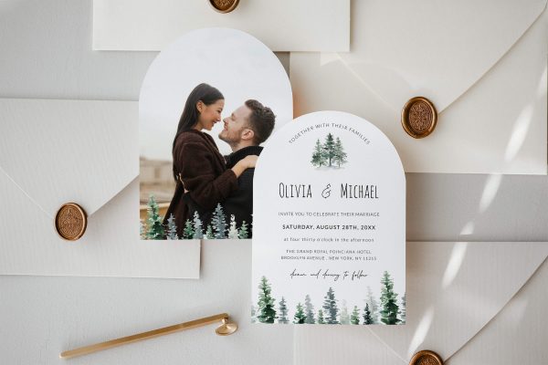 Elegant Rustic Pine Tree Arch Wedding Invitation with Photo scaled