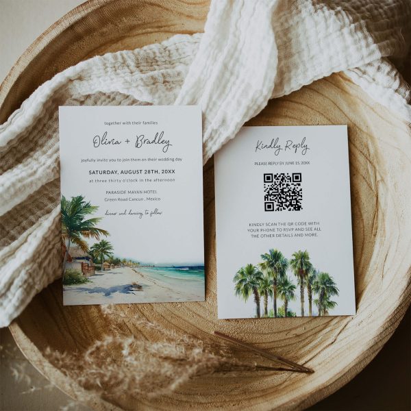 Cancun Wedding Invitation Template with QR Code