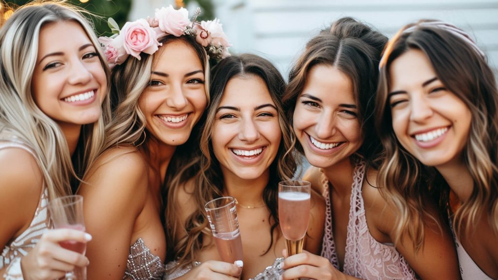 Happy Girls Having Fun Drinking with Champagne on Bachelorette Party