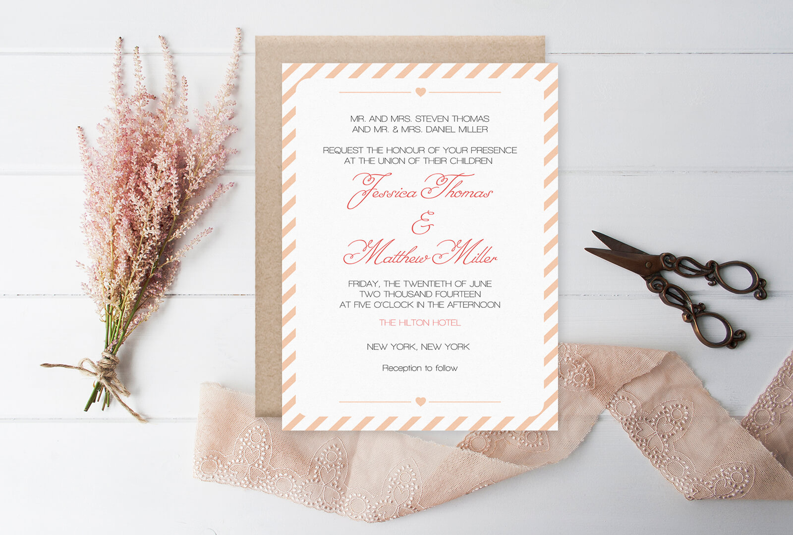 dark peach carnival stripes wedding invitation