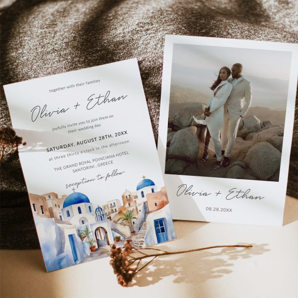 Santorini Wedding Invitation Template with Photo