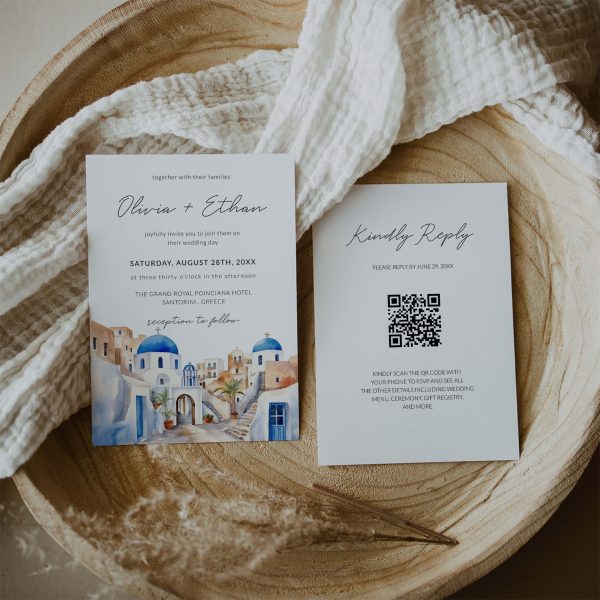 Santorini Wedding Invitation with QR Code