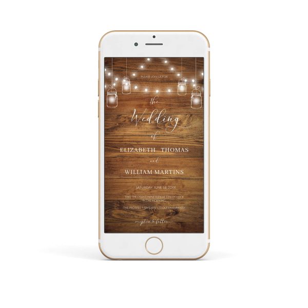 Rustic Barn Wood and Jar Lights QR Code Electronic Wedding Invitation Template