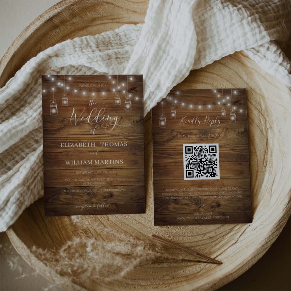 Rustic Barn Wood and Jar Lights QR Code Electronic Wedding Invitation Template