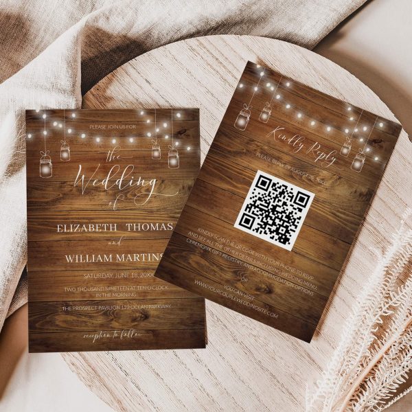 Rustic Barn Wood and Jar Lights QR Code Wedding Invitation Template