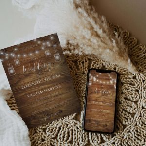 Barn Wood and Jar Lights QR Code Rustic Wedding Invitation Template